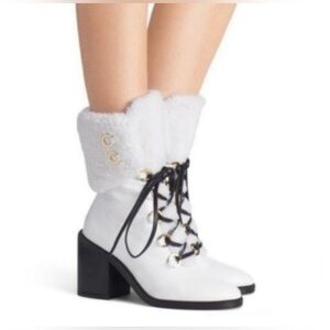 *Never Worn* Stuart Weitzman Misha White Fur And Leather Lace-Up Boots Size 9